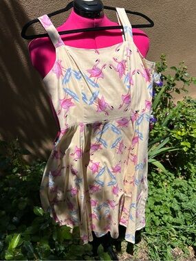 Hearts & Roses Flamingo Print Cream Sundress - Pink & Blue